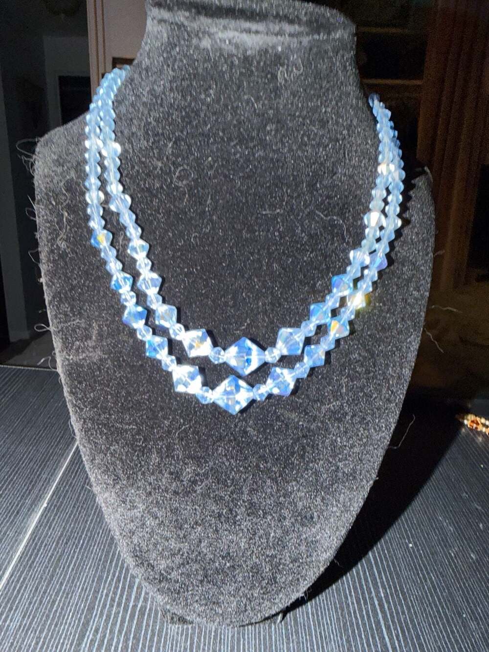 Vintage 2-Strand Light Blue Aurora Borealis Crystal Beaded Necklace